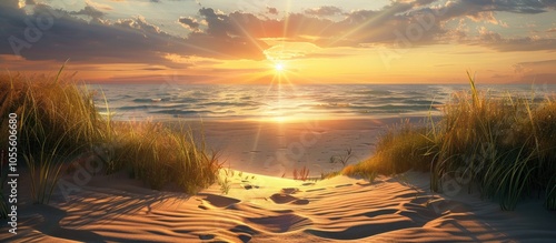 Fototapeta Naklejka Na Ścianę i Meble -  Tranquil summer evening view with the sun setting into the sea viewed from the dunes creating an idyllic seaside scenery with a beautiful golden sunset and ample copy space image