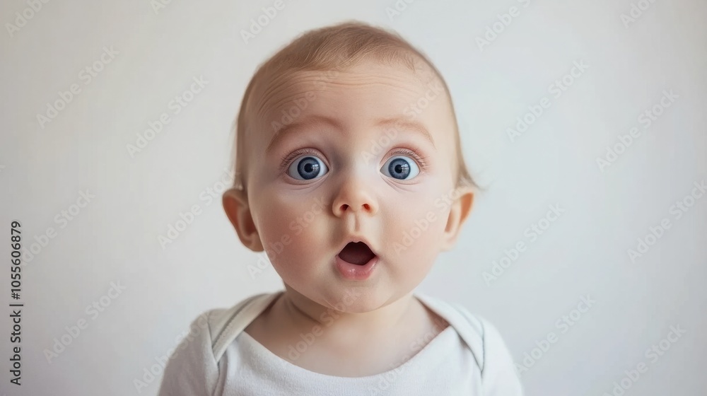 Adorable baby with surprised expression, big blue eyes, and round cheeks, looking curious, isolated on white Adorable baby with surprised expression, big blue eyes, and round cheeks, looking curious, isolated on white