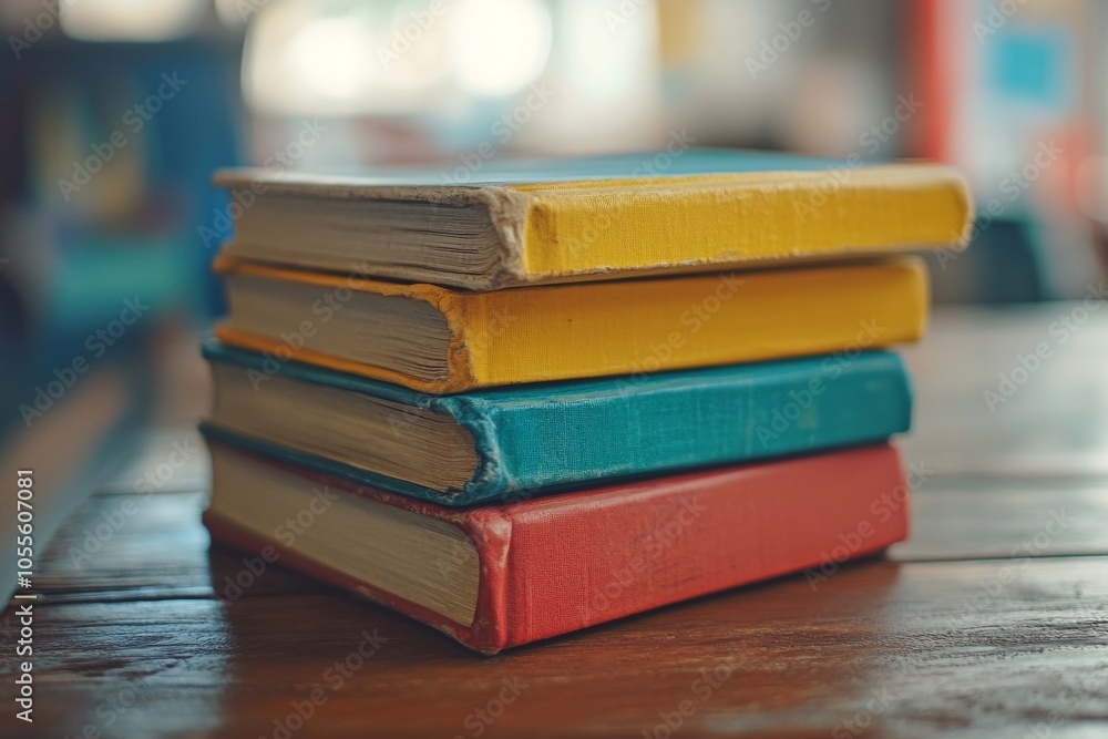 Vibrant stack of books on a wooden table with a soft blurred background for educational themes Vibrant stack of books on a wooden table with a soft blurred background for educational themes