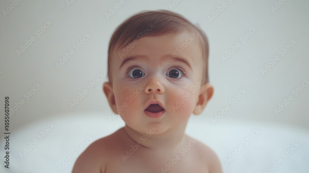 Adorable baby with wide eyes and round cheeks, gazing curiously at the camera, capturing innocence, isolated on white Adorable baby with wide eyes and round cheeks, gazing curiously at the camera, capturing innocence, isolated on white