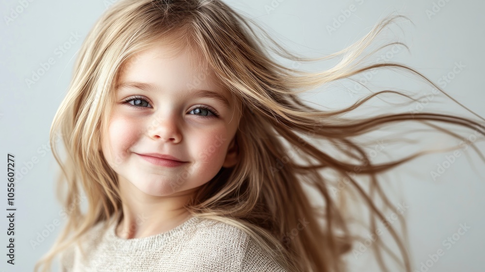 Playful young child with long blonde hair in a cheerful pose Playful young child with long blonde hair in a cheerful pose