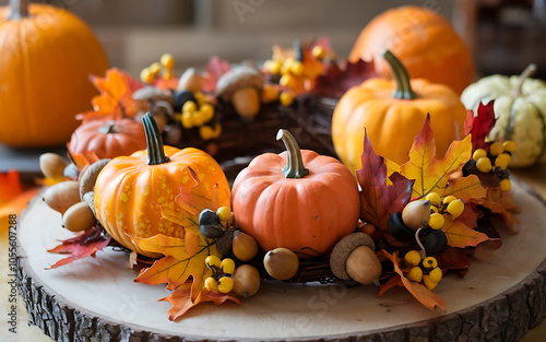 Autumnal orange pumpkins and leaves on a wooden base perfect for Thanksgiving and fall decor 