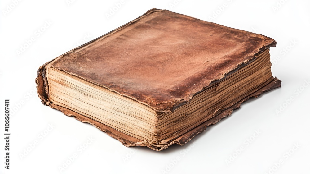 Weathered Pages of an Antique Leather Bound Book on a White Background Showcasing Vintage Literature Weathered Pages of an Antique Leather Bound Book on a White Background Showcasing Vintage Literature