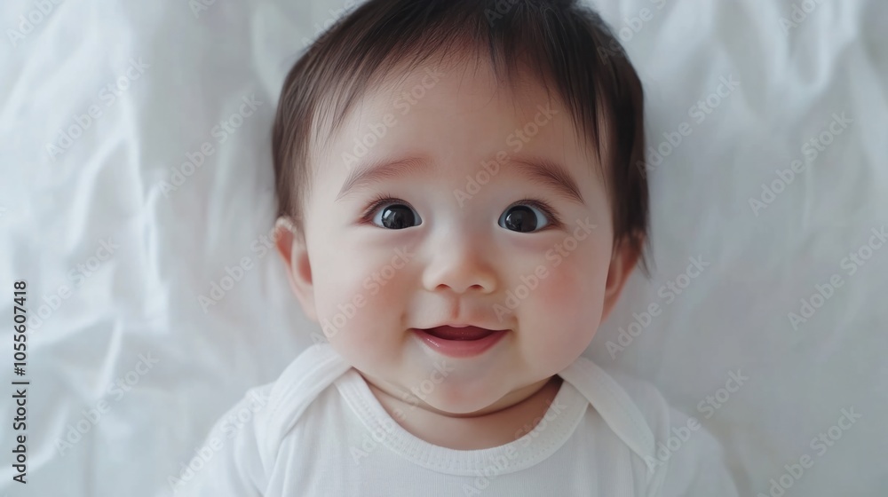 Baby with a soft smile, wide eyes, and button nose, appearing gentle and curious, isolated on white Baby with a soft smile, wide eyes, and button nose, appearing gentle and curious, isolated on white