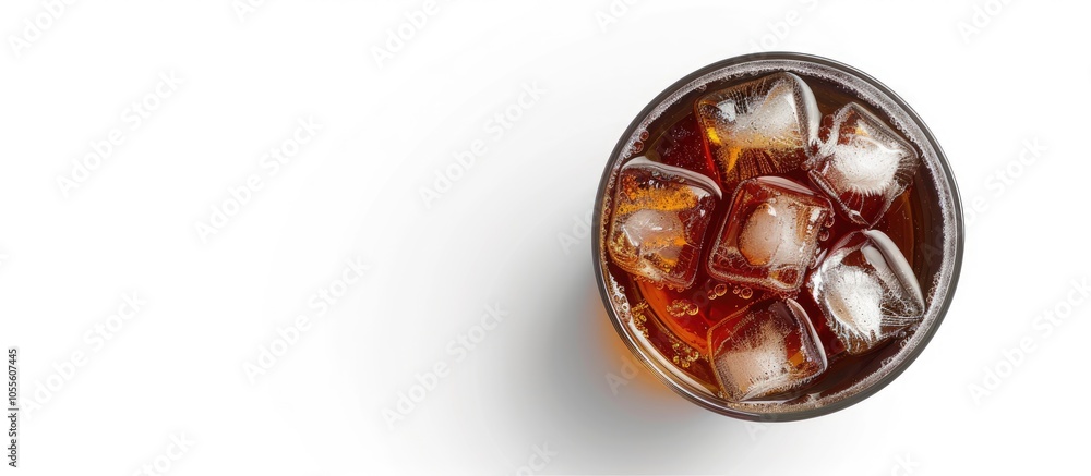 Top view of a cola drink with ice cubes in a glass on a white background with a clipping path for a copy space image Top view of a cola drink with ice cubes in a glass on a white background with a clipping path for a copy space image