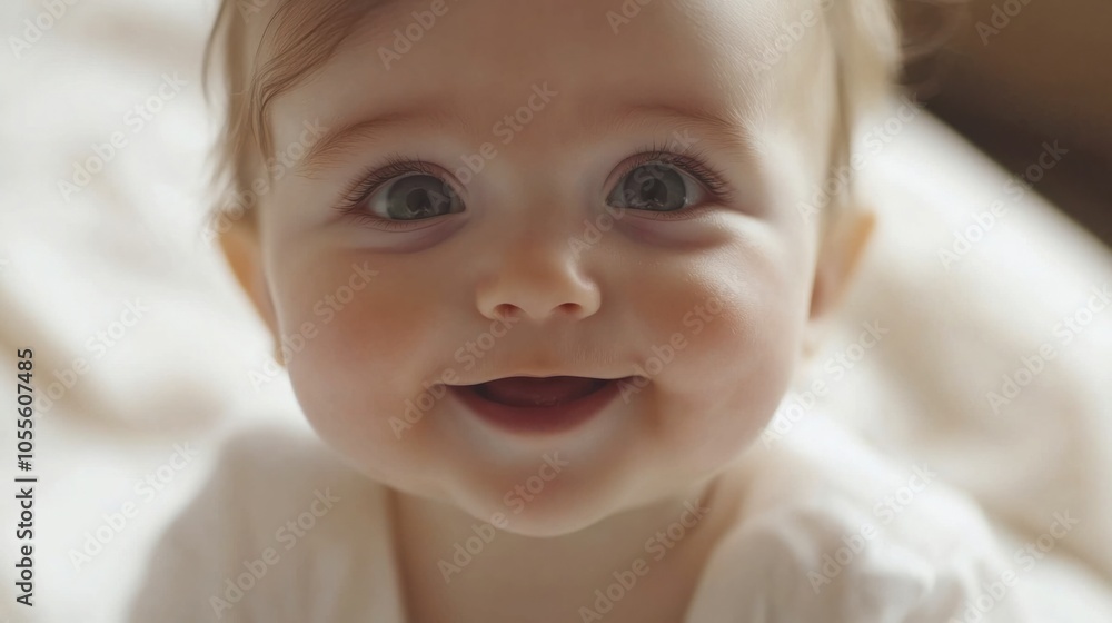 Baby with a soft smile, wide eyes, and button nose, appearing gentle and curious, isolated on white Baby with a soft smile, wide eyes, and button nose, appearing gentle and curious, isolated on white