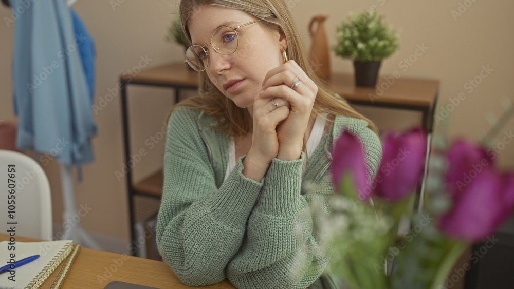 A contemplative young woman with glasses sits at a table in a cozy home setting, surrounded by flowers and a notebook. A contemplative young woman with glasses sits at a table in a cozy home setting, surrounded by flowers and a notebook.