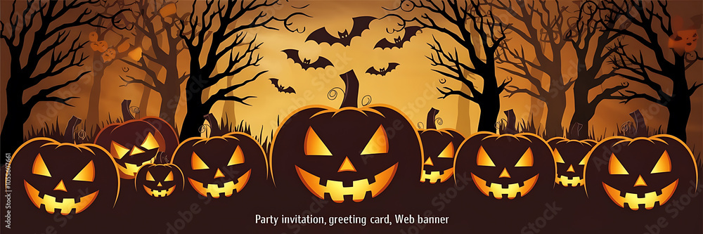 Fototapeta premium Spooky Halloween pumpkins and bats in a dark forest perfect for a scary invitation or greeting card 