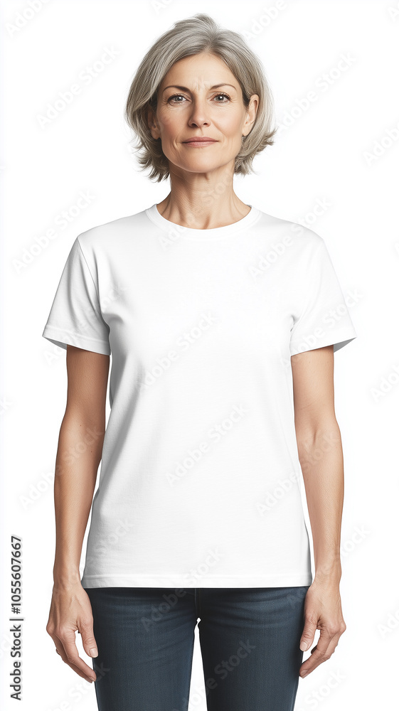 Mockup of a woman showcasing a simple white t-shirt against a plain background Mockup of a woman showcasing a simple white t-shirt against a plain background