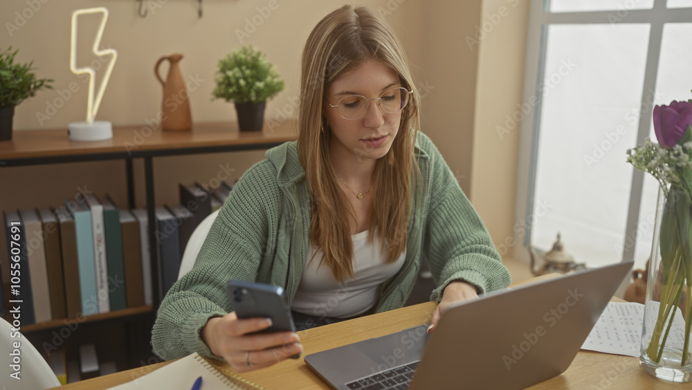 A blonde woman in glasses using a smartphone and laptop in a cozy home office setting. A blonde woman in glasses using a smartphone and laptop in a cozy home office setting.