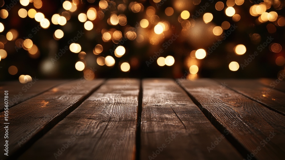 Wooden tabletop with a blurred bokeh background of festive lights Ideal template for showcasing products Wooden tabletop with a blurred bokeh background of festive lights Ideal template for showcasing products