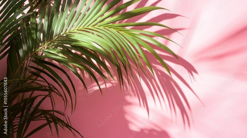 Obraz premium Tropical palm leaf shadow cast on a soft pink backdrop creating a summery aesthetic