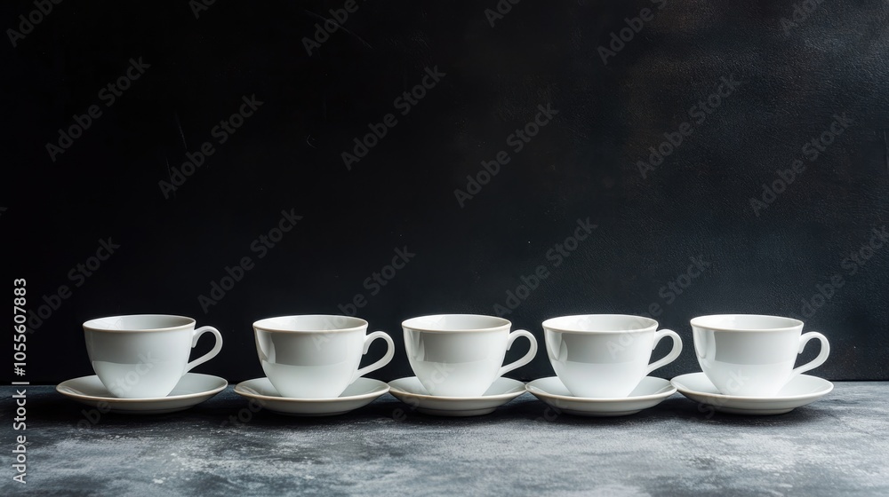 Fototapeta premium White cups with saucers displayed against a dark backdrop