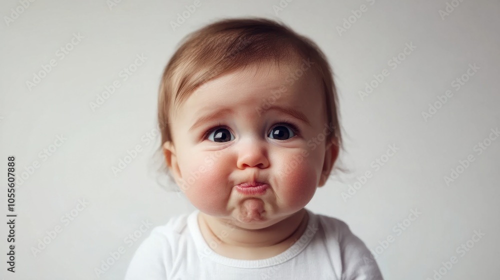 Baby with chubby cheeks and pouty lips, gazing forward with a calm expression, showing pure innocence, isolated on white Baby with chubby cheeks and pouty lips, gazing forward with a calm expression, showing pure innocence, isolated on white