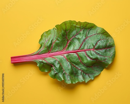 Single Red Veined Sorrel Leaf on Yellow Background photo