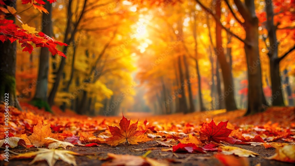 Autumn foliage in a forest with vibrant orange red and yellow leaves scattered on the ground, deciduous trees, forest floor, nature, leaf scatter, fall colors