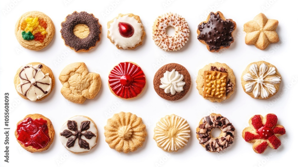 Variety of festive cookies displayed on a white background Variety of festive cookies displayed on a white background