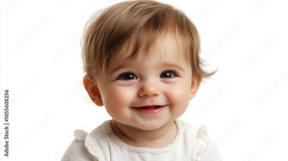Baby with soft cheeks, small smile, and bright eyes, gazing forward with a curious look, isolated on white Baby with soft cheeks, small smile, and bright eyes, gazing forward with a curious look, isolated on white