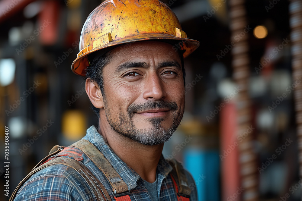 Middle-aged Hispanic man smiling confidently while wearing a hard hat at a construction site Middle-aged Hispanic man smiling confidently while wearing a hard hat at a construction site