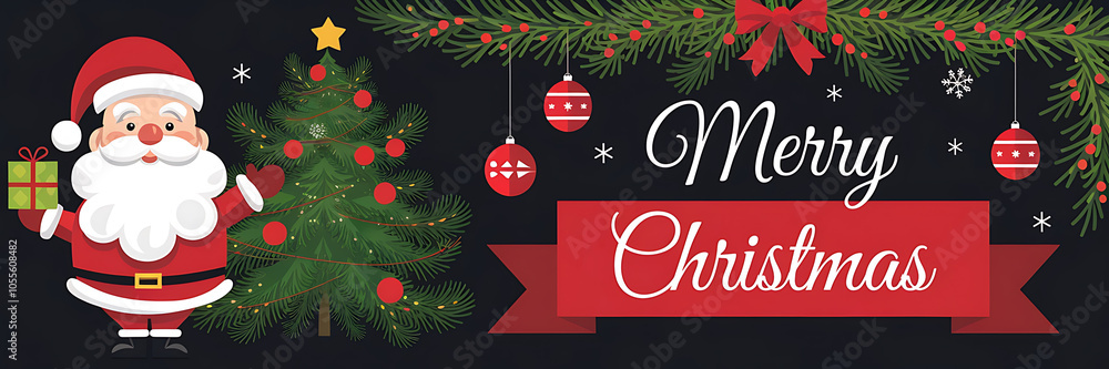 Cheerful Santa Claus and Christmas tree red and green festive Christmas card design Cheerful Santa Claus and Christmas tree red and green festive Christmas card design