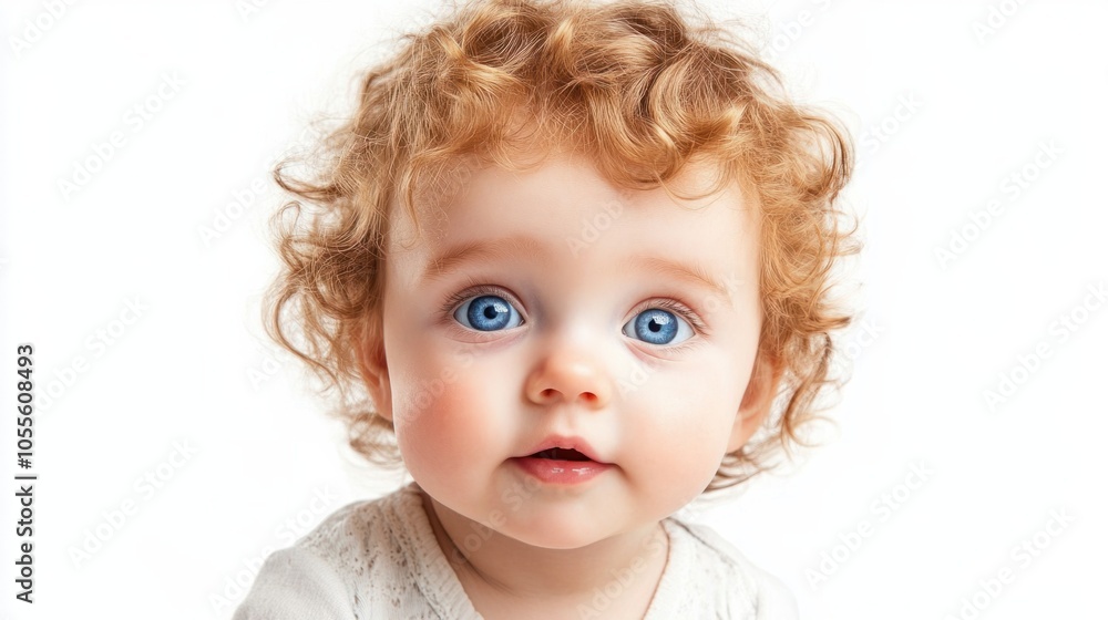 Baby with soft curly hair, chubby cheeks, and curious expression, looking forward with joy, isolated on white Baby with soft curly hair, chubby cheeks, and curious expression, looking forward with joy, isolated on white