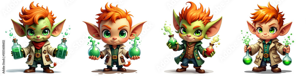 Fototapeta premium PNG with transparency layer. cartoon elf alchemist, fantasy character, green potion, red potion, video game asset, digital art, animation, illustration, character design