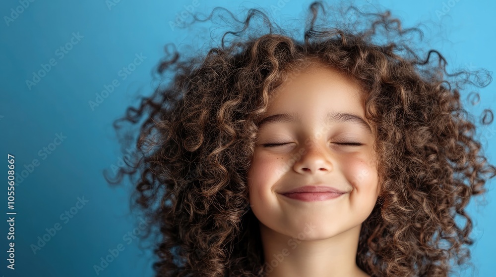 Portrait of a joyful young girl with curly hair set against a blue backdrop Portrait of a joyful young girl with curly hair set against a blue backdrop