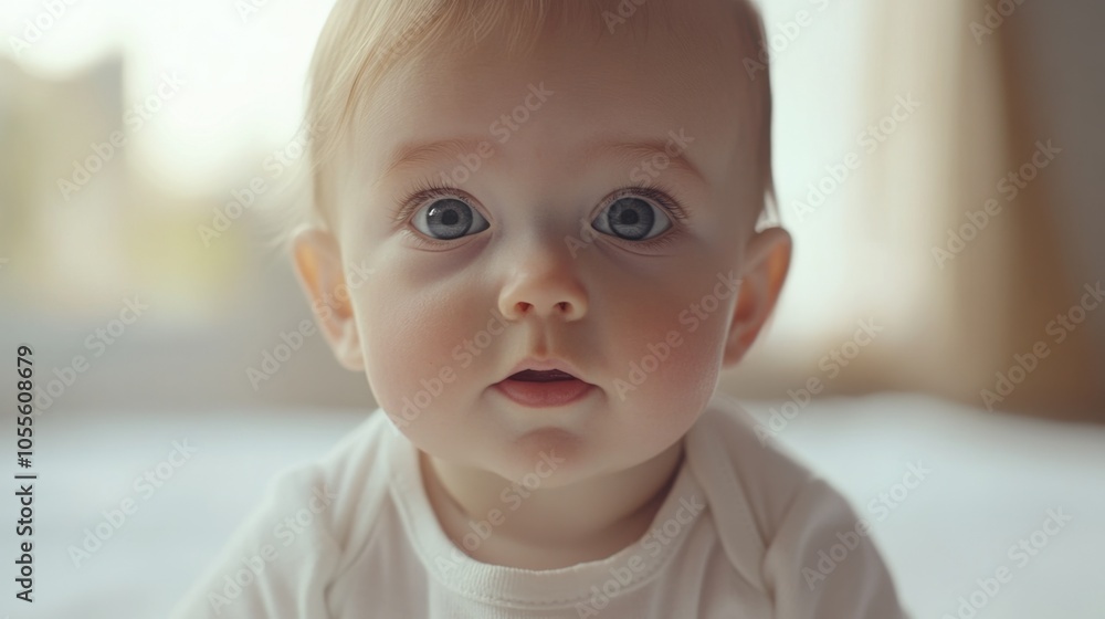 Baby with sparkling eyes, tiny lips, and round cheeks, looking directly into the camera, isolated on white Baby with sparkling eyes, tiny lips, and round cheeks, looking directly into the camera, isolated on white