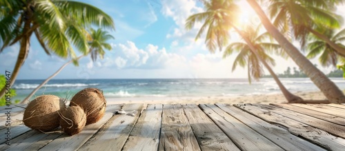 Fototapeta Naklejka Na Ścianę i Meble -  Wooden table with a tropical beach backdrop featuring coconut palm trees ideal for showcasing summer products with copy space image