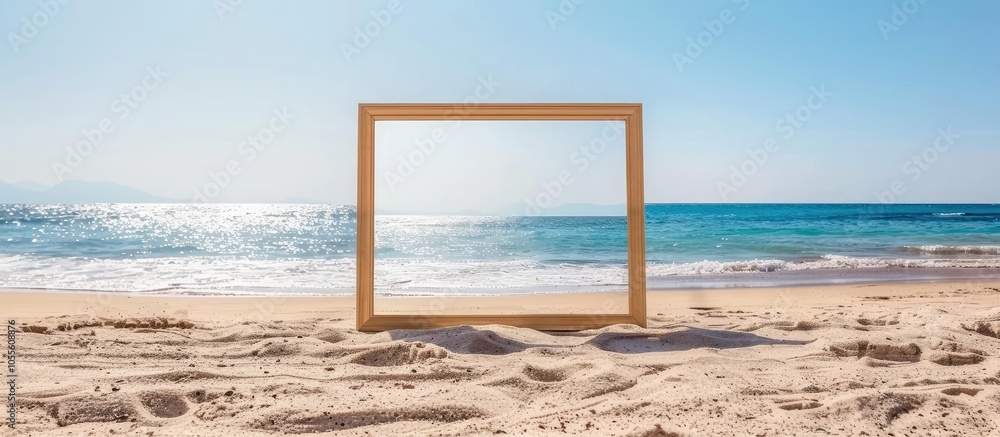 A captivating image showcasing a wooden frame on a sandy beach with ample copy space for text placement A captivating image showcasing a wooden frame on a sandy beach with ample copy space for text placement