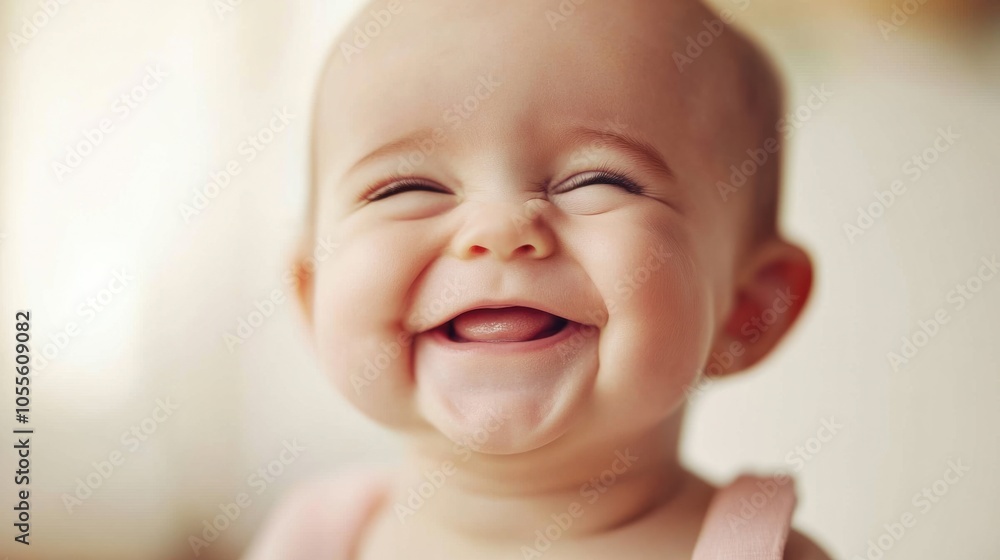 Close-up of a baby with a big smile, rosy cheeks, and bright eyes, radiating happiness, isolated on white