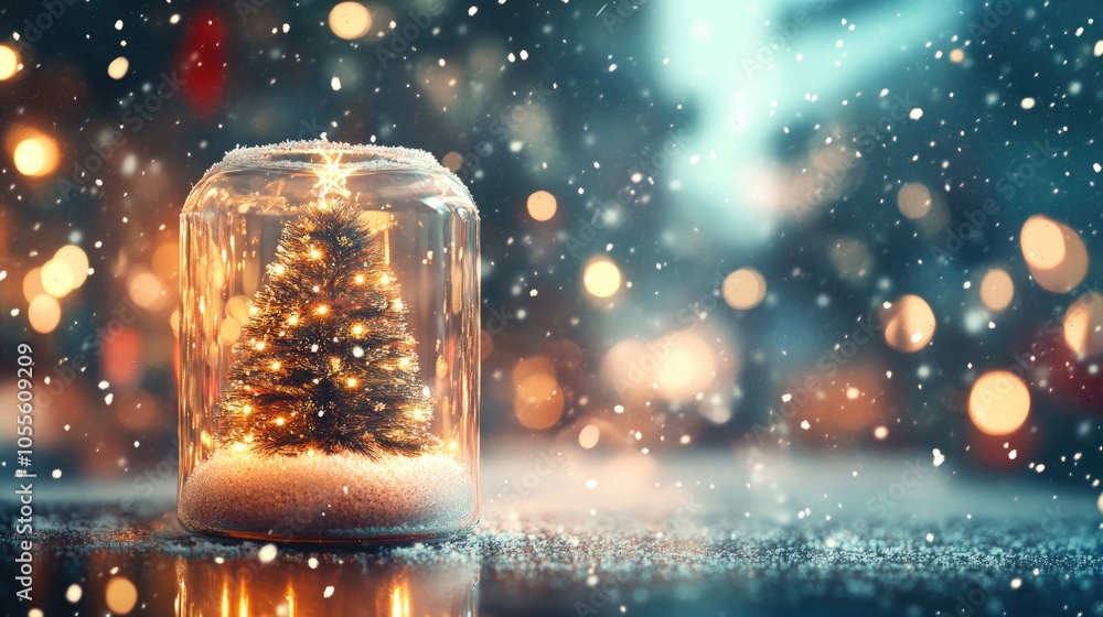 Festive celebration theme close up of a stylish Christmas tree inside a glass jar with a backdrop of softly blurred glowing lights and snowfall Festive celebration theme close up of a stylish Christmas tree inside a glass jar with a backdrop of softly blurred glowing lights and snowfall