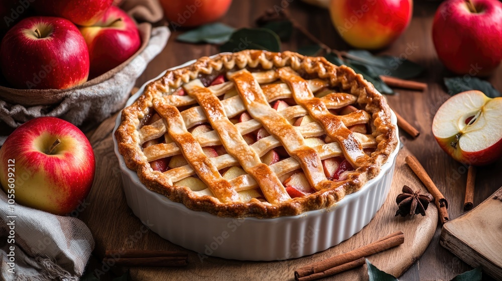 Apple pie placed on a table accompanied by fresh apples and cinnamon sticks Apple pie placed on a table accompanied by fresh apples and cinnamon sticks