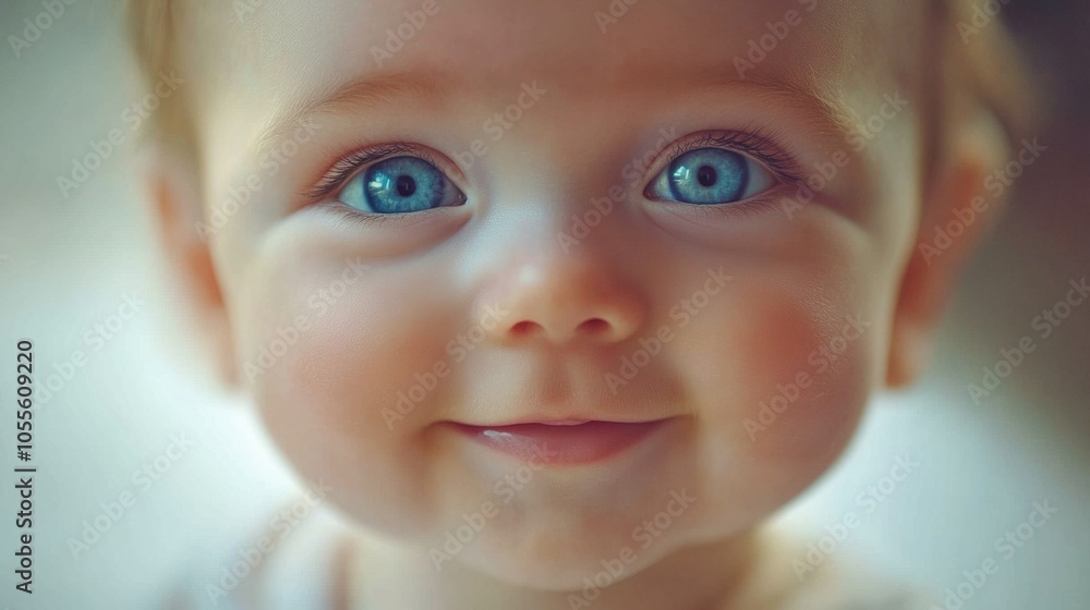 Close-up of a baby with big blue eyes, chubby cheeks, and gentle smile, capturing innocence, isolated on white Close-up of a baby with big blue eyes, chubby cheeks, and gentle smile, capturing innocence, isolated on white