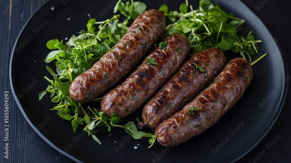 Skinless South European cevapcici sausages made from ground meat and spices served on a black plate alongside a salad of thyme and watercress on a dark wooden surface Skinless South European cevapcici sausages made from ground meat and spices served on a black plate alongside a salad of thyme and watercress on a dark wooden surface