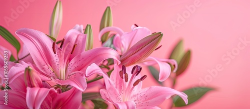 Vibrant pink lilies against a bold pink backdrop exuding elegance and beauty in a copy space image ideal for templates or mockups