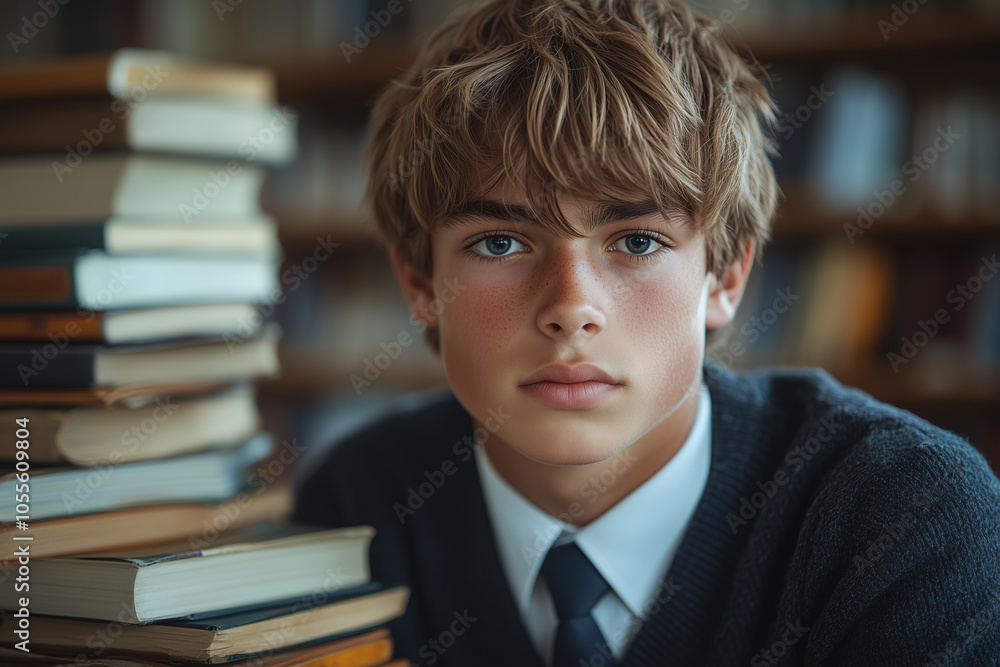 Teenage boy in school uniform focused while sitting among stacks of books in a library Teenage boy in school uniform focused while sitting among stacks of books in a library