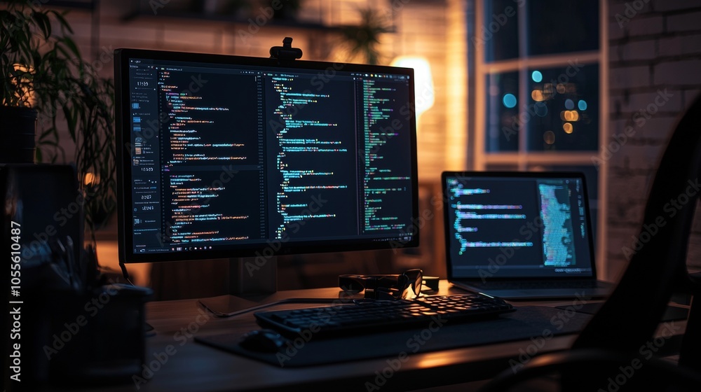 Modern workspace with dual monitors displaying code Modern workspace with dual monitors displaying code