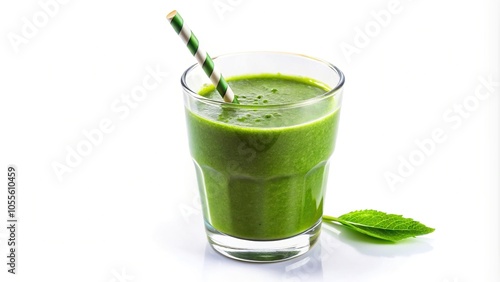 Glass of green smoothie with straws isolated on white background at a tilted angle