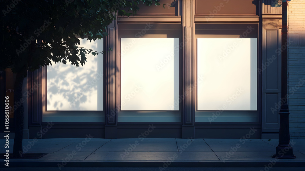 Sunlight shining on three large storefront windows with blank white mockup posters - Sunlight shining on three large storefront windows with blank white mockup posters -