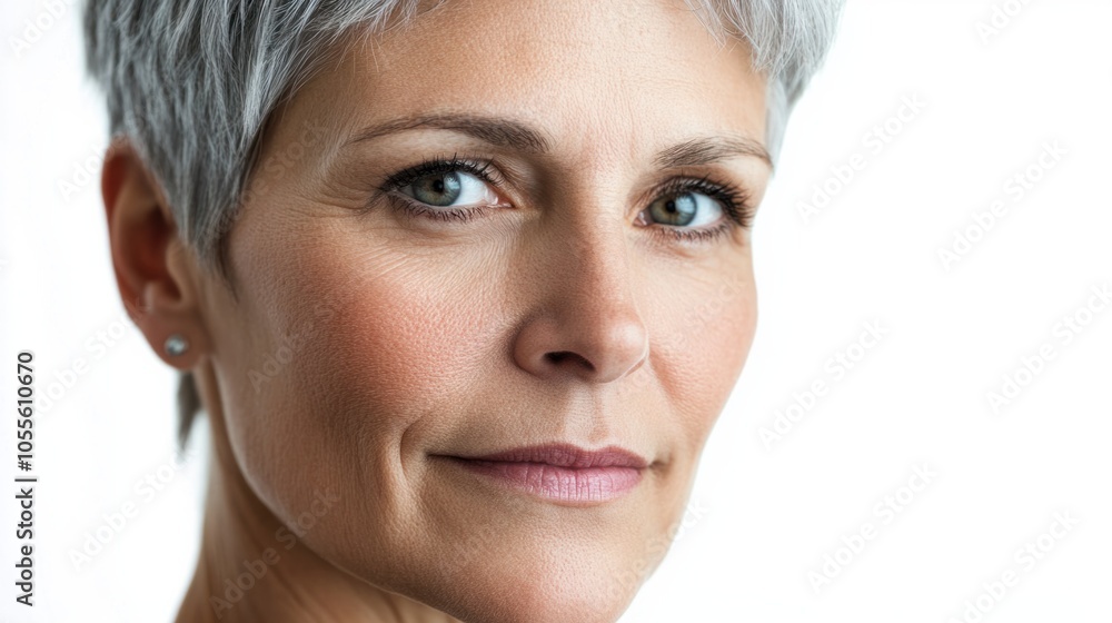 Close-up of a mature woman with short gray hair and gentle expression, showing kindness and warmth, isolated on white Close-up of a mature woman with short gray hair and gentle expression, showing kindness and warmth, isolated on white