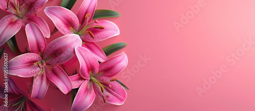 Vibrant pink lilies displayed on a bold pink backdrop radiating elegance and beauty in a flat lay style with copy space image ideal for templates