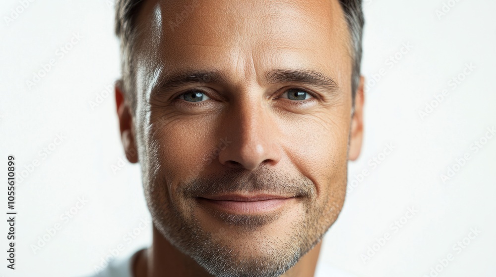 Fototapeta premium Close-up of a middle-aged man with short hair, a slight smile, and a friendly demeanor, isolated on white
