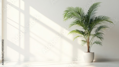 Tropical palm tree in a pot against a bright clean wall featuring sunlight and shadows creating a stunning natural backdrop for design mockups AI generated image