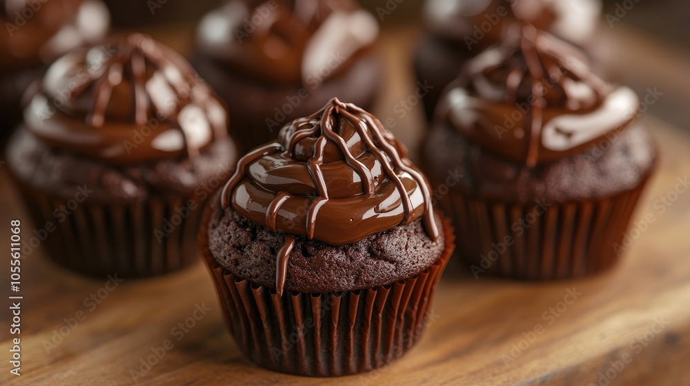 Close up of multiple chocolate muffins topped with whipped cocoa ganache and drizzled with warm melted chocolate on a wooden surface Close up of multiple chocolate muffins topped with whipped cocoa ganache and drizzled with warm melted chocolate on a wooden surface