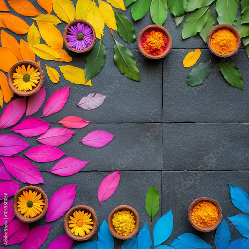 Colorful Rangoli Patterns on Floor with Natural Elements photo