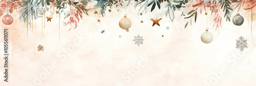 Sanfter Aquarell Hintergrund in zarten Pastellfarben mit festlichen Weihnachtsornamenten wie Kugeln, Sternen und Schneeflocken