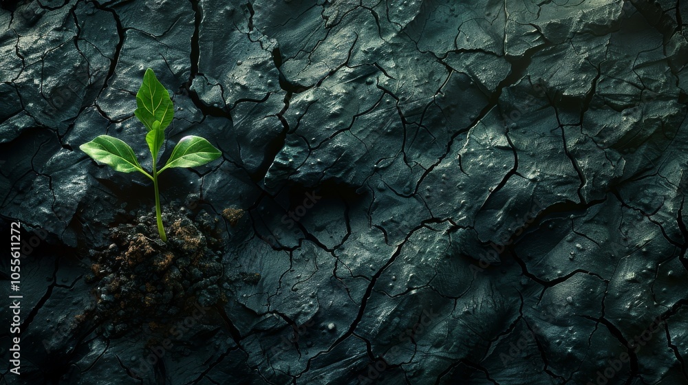Ultra-Realistic Texture of Cracked Black Earth with Green Sprout Emerging Ultra-Realistic Texture of Cracked Black Earth with Green Sprout Emerging