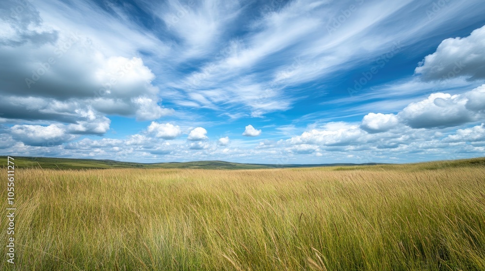 Vast prairie landscape featuring tall grass beneath an expressive sky Vast prairie landscape featuring tall grass beneath an expressive sky