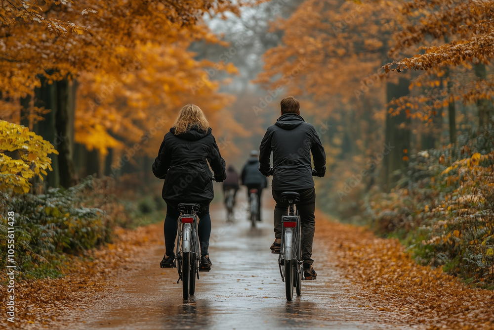 Young couple riding bicycles along a picturesque autumn path surrounded by vibrant foliage Young couple riding bicycles along a picturesque autumn path surrounded by vibrant foliage